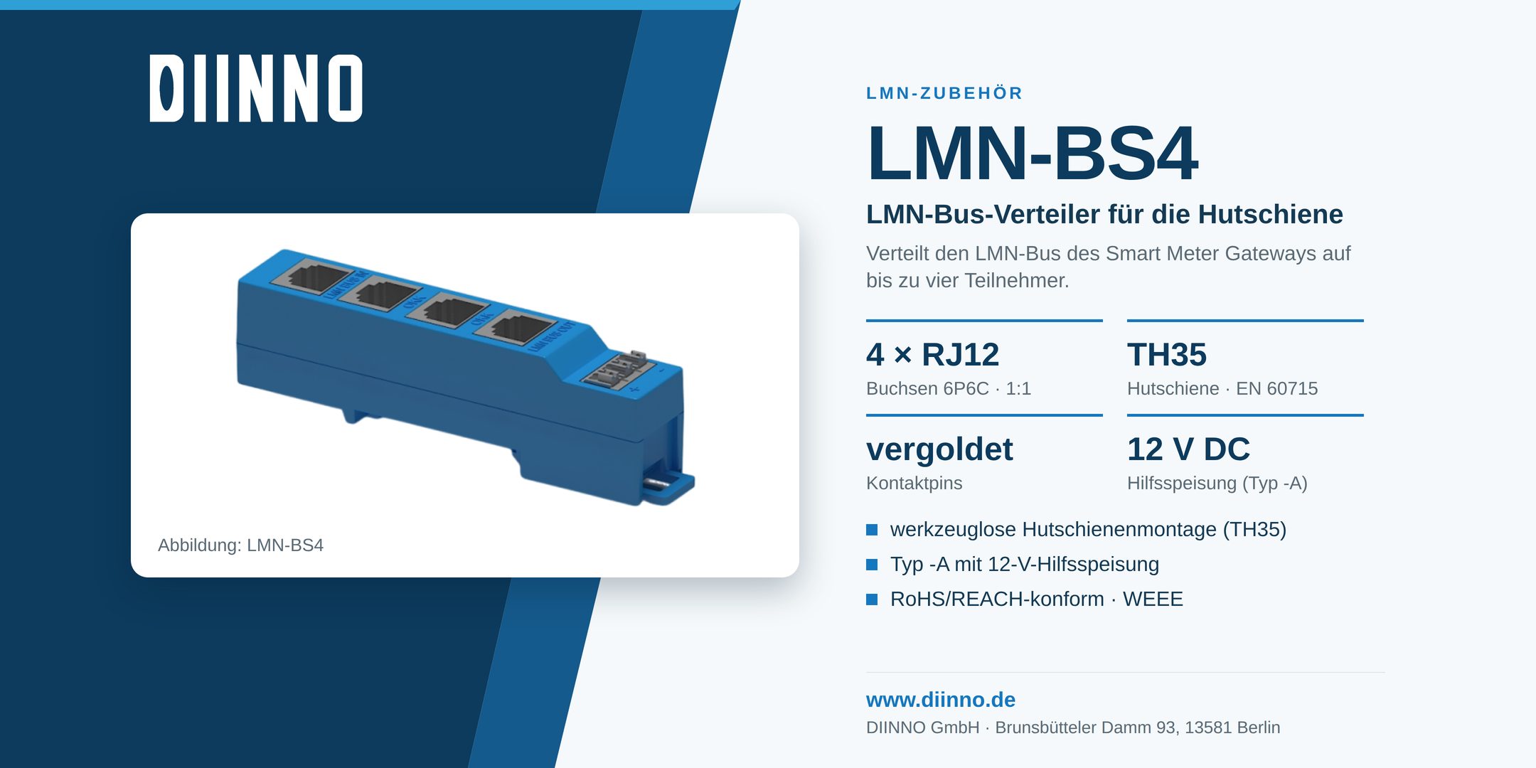 DIINNO LMN-BS4 – LMN-Bus-Verteiler für die Hutschiene, Produktwerbebild